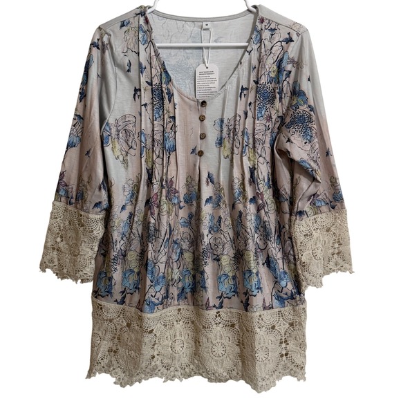 Unbranded Tops - New Floral Lace Trim Henley Tunic Top Pink Blue Boho 3/4 Sleeve Medium